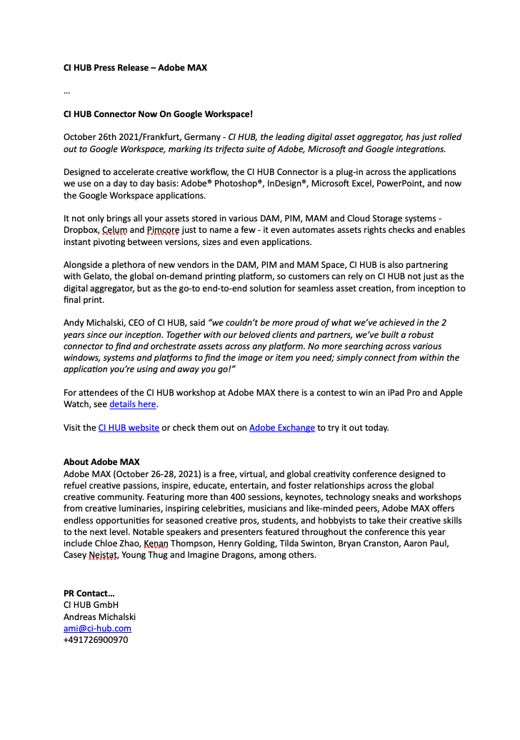 CI HUB on Google Workspace Press Release - Adobe MAX