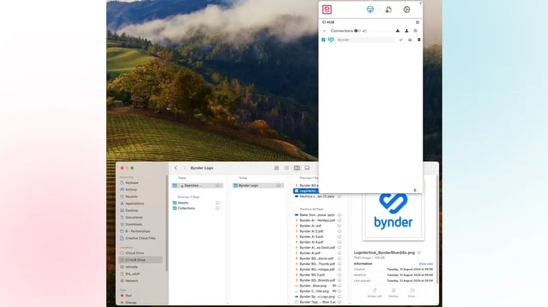 Desktop Finder window with CI HUB integration for accessing Bynder files and logos.