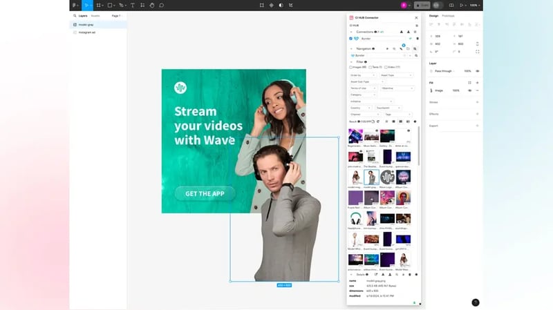 Figma design of video streaming ad with CI HUB panel for asset access.