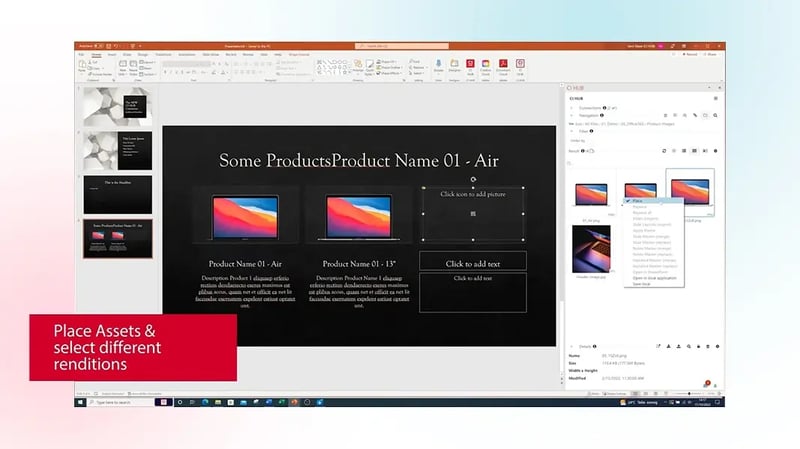 CI HUB Connector panel in PowerPoint for dragging and dropping approved assets