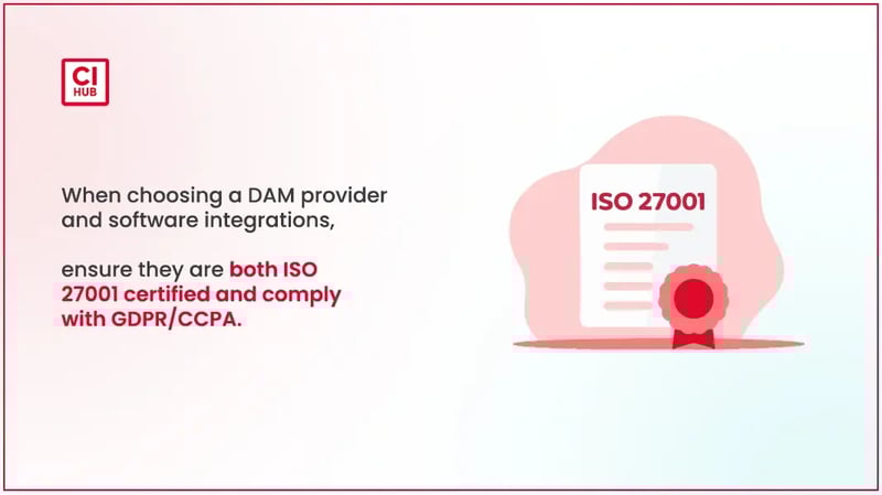 Document labeled ISO 27001 with certification seal emphasizing DAM provider compliance with GDPR and CCPA