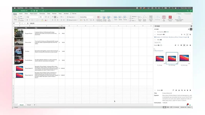 CI HUB connector panel in Excel to drag images or charts into cells, comments, or worksheet areas easily