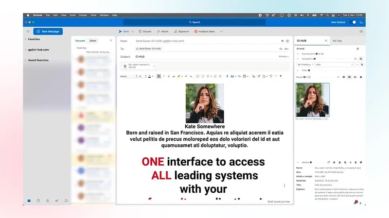 Email draft in Outlook with CI HUB plugin providing unified access to brand assets and images 