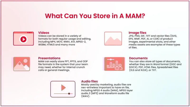 MAM stored assets include videos, images, audio, documents, and presentations in formats like MP4, JPG, MP3, PDF, and PPT.