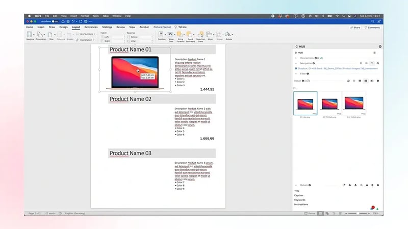 Word document with CI HUB plugin for easy insertion of  images and other details