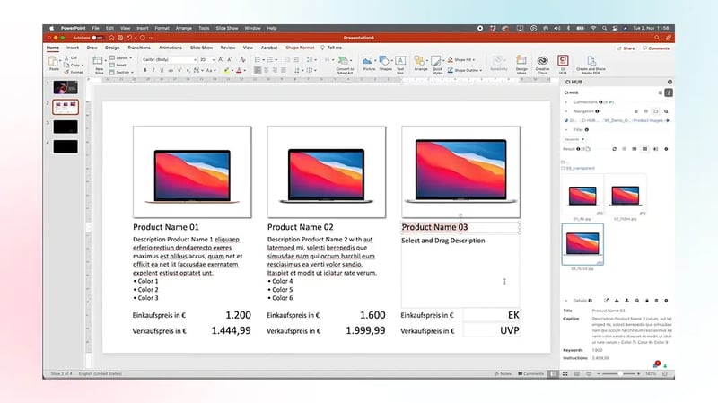PowerPoint slide with CI HUB add-in open panel, inserting product images with drag-and-drop